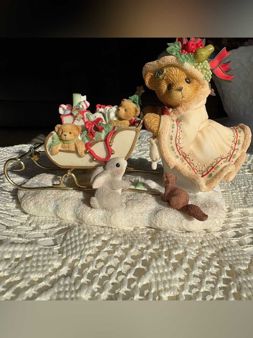 Cherished Teddies Cream Holiday Sleigh Figurine with Animal Friends